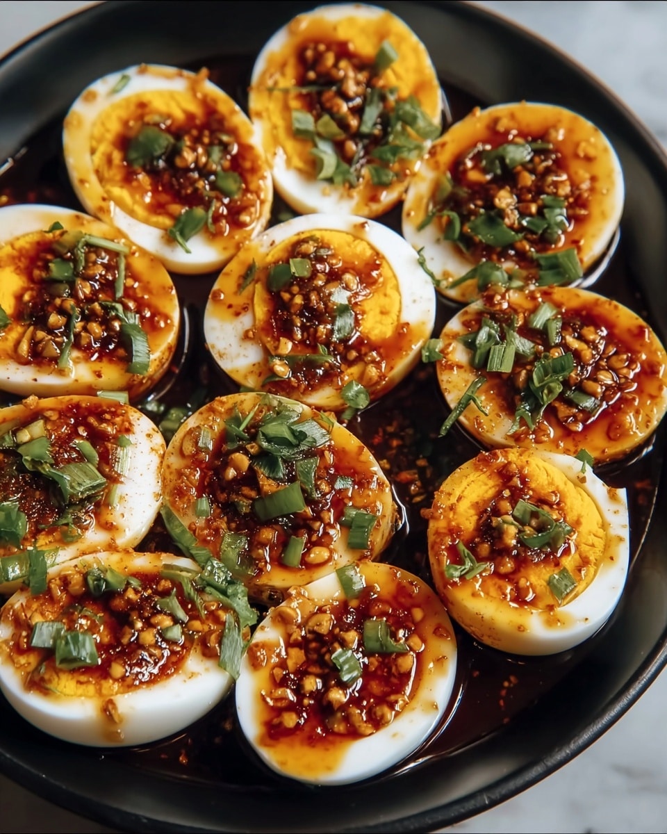 The image shows a dark round plate filled with several halved boiled eggs arranged closely together. Each egg has a firm white outer layer and a bright yellow yolk inside. The yolks are topped with a rich, glossy reddish-brown sauce mixed with small bits of nuts or spices. Fresh green herbs are scattered over the eggs, adding a fresh contrast to the warm colors. The plate is placed on a white marbled surface. photo taken with an iphone --ar 4:5 --v 7