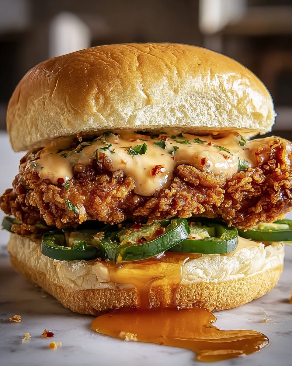 A close-up view of a sandwich with three main layers seen from the side, starting with a soft, lightly toasted white bun on top, slightly shiny with a smooth texture. Below it is a thick piece of crispy fried chicken with a golden-brown crunchy crust, drizzled with a creamy sauce containing herbs and spices, visible as small green and red bits. Under the chicken, there are fresh green jalapeño slices that add a sharp, fresh look, resting on a bottom soft white bun spread with the same creamy sauce. A sticky, amber-colored syrup gently drips down the sides of the sandwich and onto a few crumbs on a white marbled surface. photo taken with an iphone --ar 4:5 --v 7