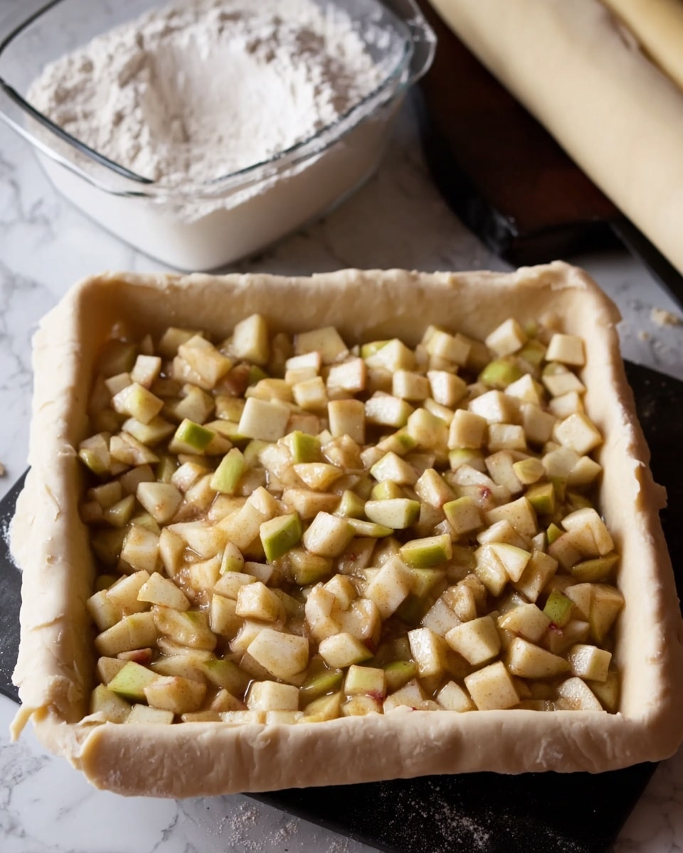 The image shows a square pie crust filled with a thick layer of small, cubed apple pieces that have a light tan color mixed with some green hues, spread evenly inside the crust. The crust edges are thick and slightly folded over the sides of the pie pan. To the back, there is a clear container filled with white flour, and to the right, another piece of rolled-out dough rests on a dark surface. The whole scene sits on a white marbled countertop. The photo is taken with an iphone --ar 4:5 --v 7