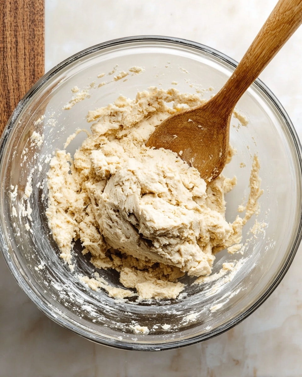 A clear glass mixing bowl sits on a white marbled surface, filled with a thick, pale dough with a slightly rough texture and small uneven lumps throughout. Inside the bowl, a wooden spoon with a smooth handle rests partially submerged in the dough with some dough sticking to it and traces of dough smeared along the bowl's inside edges. The dough is shaped loosely in the center, showing a dense, moist consistency, and the overall scene captures a moment of dough preparation. Photo taken with an iphone --ar 4:5 --v 7