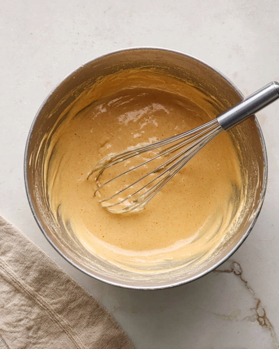 A top view of a mixing bowl with smooth, light brown batter inside. The batter fills about half of the bowl's height and has a creamy texture with some visible specks, showing it is well mixed. A metal whisk is resting in the batter, its handle pointing towards the upper right, and some batter is lightly smeared on the bowl's sides. The bowl is placed on a white marbled surface with a beige cloth partially visible in the bottom left corner. photo taken with an iphone --ar 4:5 --v 7