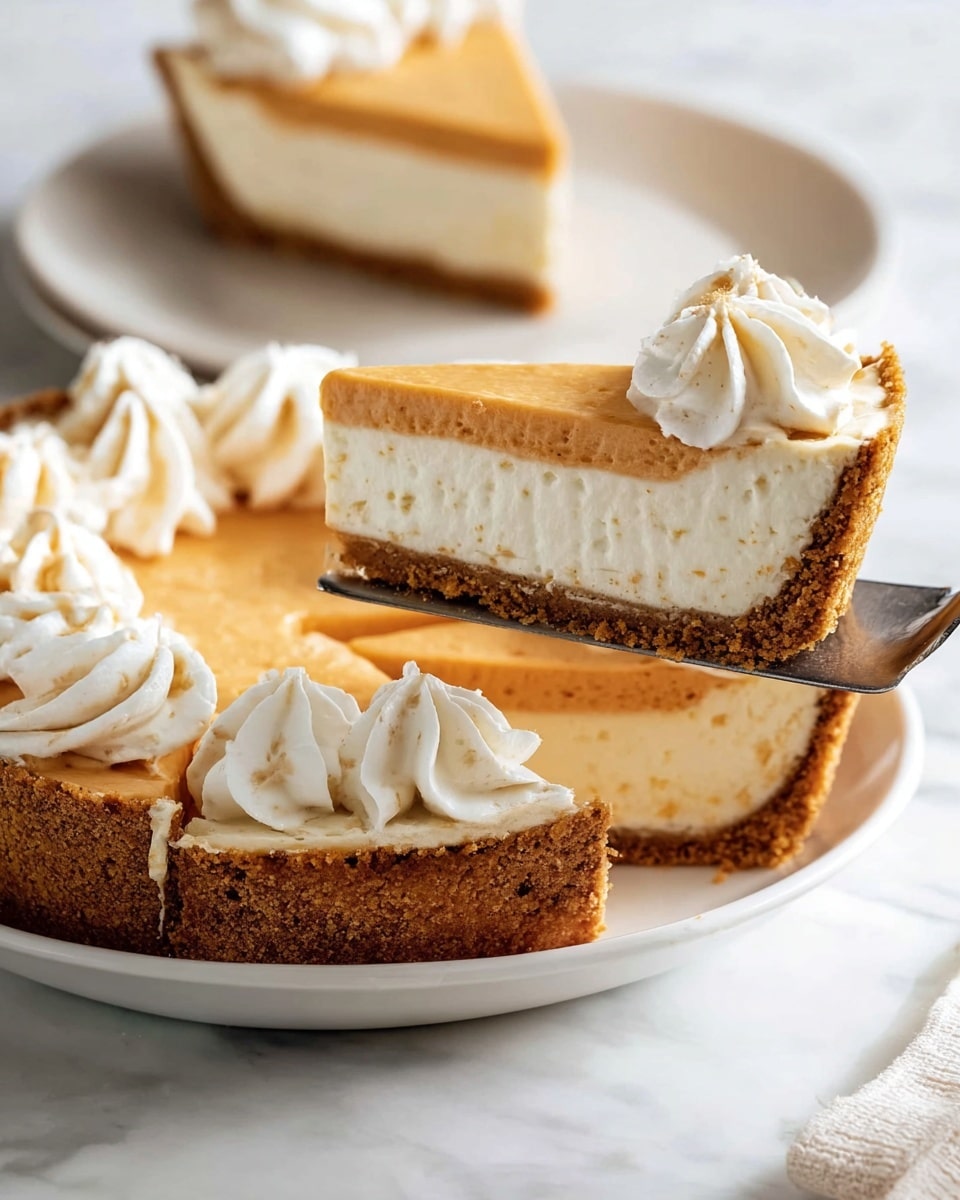 A white plate on a white marbled surface holds several slices of pie with three visible layers: a light brown crumb crust at the bottom, a creamy white middle layer, and a thicker light orange top layer. Each slice is topped with a white, swirled dollop of whipped cream. One slice is being lifted by a metal pie server, showing the clear separation of the layers and the texture of the crust. In the background, a woman's hand is holding the pie server. Photo taken with an iphone --ar 4:5 --v 7