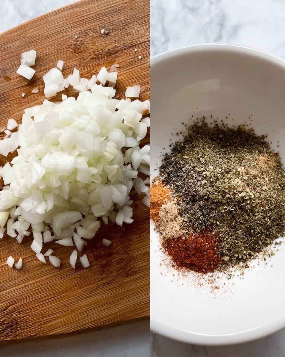 The image shows two parts: on the left, there is a wooden cutting board with finely chopped white onions. The pieces are small and uneven, spread out in a small heap with some crumbs around. On the right, there is a white bowl with a mix of dry spices placed in a little pile at the center. The spices are mostly ground with colors including green, brown, black, and a touch of red, creating a layered texture of herbs and powders on the smooth white bowl. The background is a white marbled texture. photo taken with an iphone --ar 4:5 --v 7