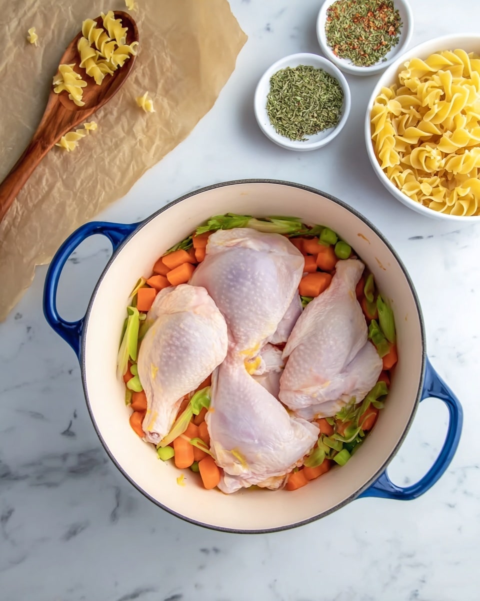The image shows a white pot with blue handles placed on a white marbled surface. Inside the pot, there are three raw chicken pieces laid over a bed of sliced orange carrots and green celery, forming the first layer with a mix of soft textures. Behind the pot, a small white bowl filled with uncooked yellow twisted pasta sits next to two small white dishes containing dried herbs and spices. To the left, a wooden spoon with bits of cooked vegetables rests on brown parchment paper. The overall setting has a clean and bright look. photo taken with an iphone --ar 4:5 --v 7