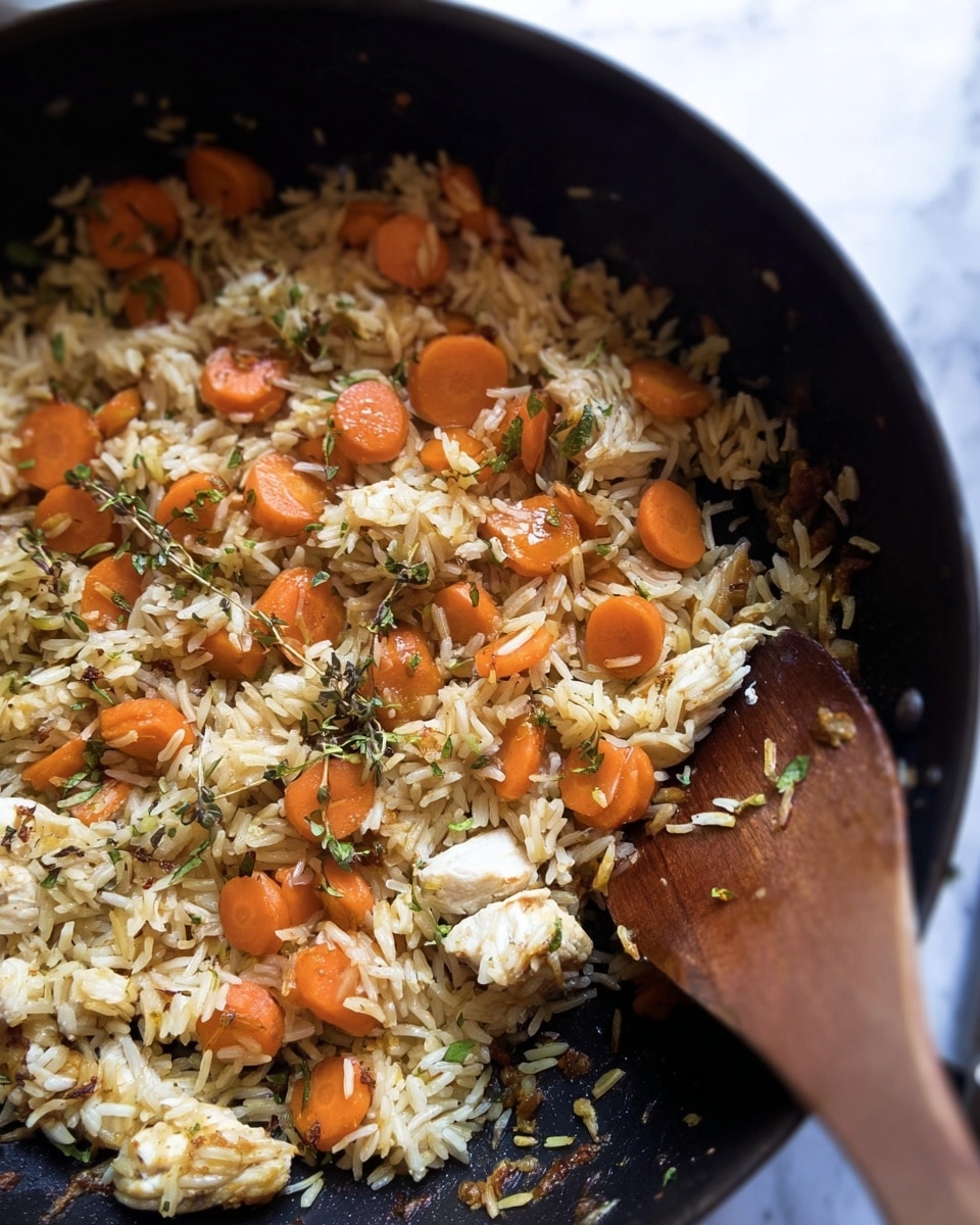 The image shows a black pan filled with cooked rice mixed with small chunks of orange carrots and small pieces of white chicken. The rice is golden brown with some parts slightly toasted, giving a textured look. The carrots are soft, round slices scattered evenly on top and mixed in with the rice. Small sprigs of green herbs are sprinkled throughout, adding a fresh touch. A wooden spoon rests inside the pan, partially visible on the right side with its edge slightly stained by the food. The background is a white marbled surface. Photo taken with an iphone --ar 4:5 --v 7