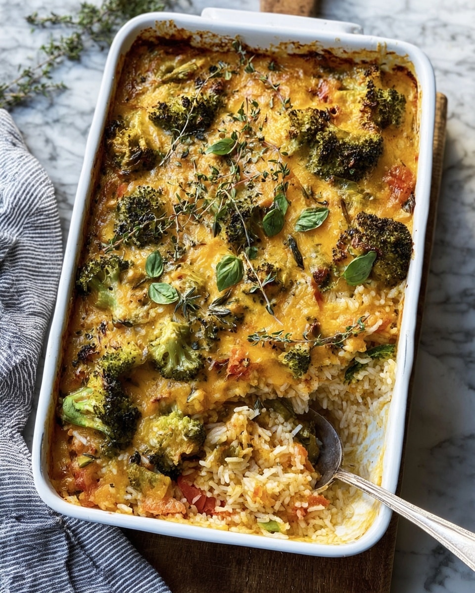 A rectangular white baking dish filled with a layered casserole. The bottom layer consists of cooked white rice with small visible pieces of tomato. Above this lies a thick layer of bright green broccoli florets and melted golden yellow cheese, sprinkled with fresh green herb leaves like basil and thyme. The cheese is slightly browned, covering the broccoli unevenly, giving the top a textured, bubbly look. A large silver spoon is scooping a portion from one corner, revealing the layers inside. The dish sits on a wooden board atop a white marbled surface with a grey striped cloth in the background. Photo taken with an iphone --ar 4:5 --v 7