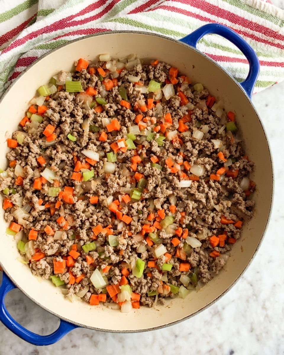 A close-up view of a white pan with blue handles filled with cooked ground meat mixed with small, chopped pieces of orange carrots, light green celery, and translucent white onions, evenly spread across the pan’s surface. The background shows a white marbled texture with a folded kitchen towel featuring red, white, and green stripes placed behind the pan. Photo taken with an iphone --ar 4:5 --v 7