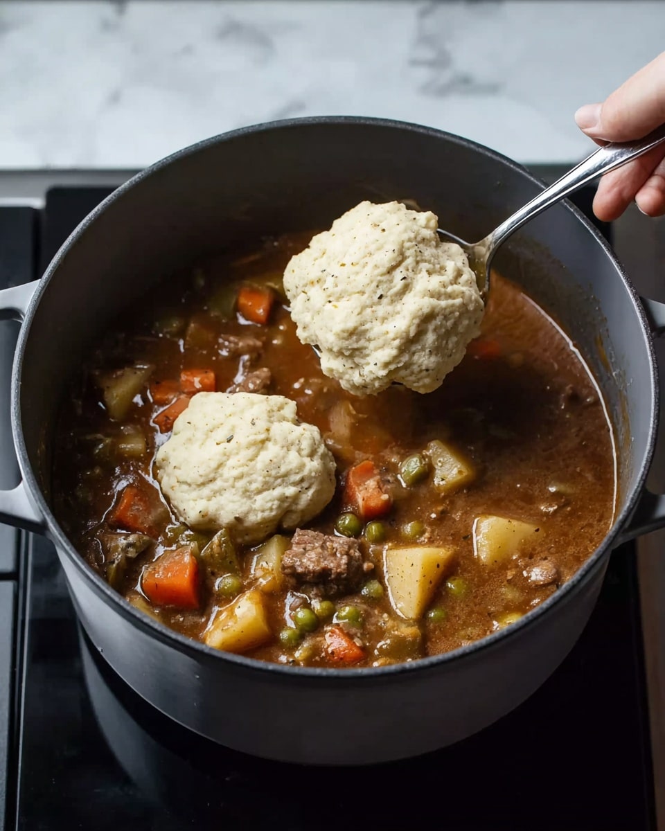 A grey pot filled with a thick brown stew containing visible chunks of light brown meat, green vegetables, carrots, and potatoes. On top of the stew, there are two dollops of light beige biscuit dough, one already placed in the stew and one about to be placed using a silver spoon held by a woman's hand on the right side. The pot sits on a black stove with a white marbled texture surface in the background. photo taken with an iphone --ar 4:5 --v 7