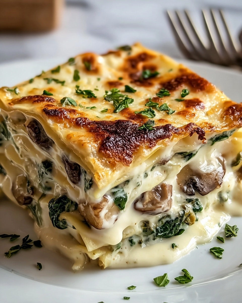 A close-up of a square piece of lasagna with four visible layers of pasta, creamy white sauce with melted browned cheese on top, and fillings of green spinach and brown mushrooms between the layers. The top layer is golden brown with melted cheese spots, and small chopped green herbs are sprinkled on the lasagna and the white plate. The background is a white marbled surface. Photo taken with an iphone --ar 4:5 --v 7