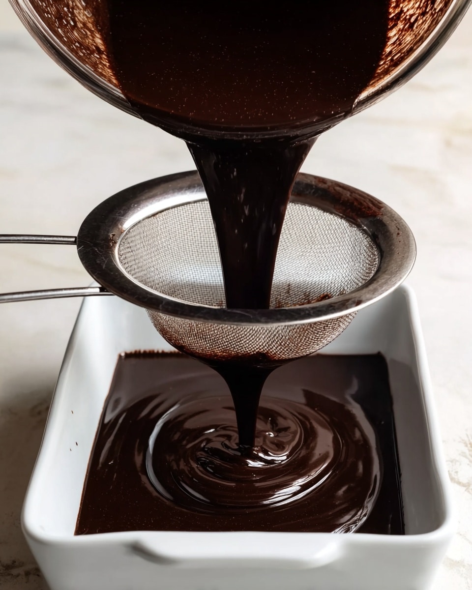 A thick, dark chocolate liquid is being poured from a bowl through a fine metal sieve into a white rectangular pan below. The chocolate flows smoothly in a thick stream, creating swirling patterns as it fills the pan. The sieve sits balanced above the pan, catching bits from the chocolate while letting the smooth liquid pass through. The background surface is a white marbled texture. photo taken with an iphone --ar 4:5 --v 7