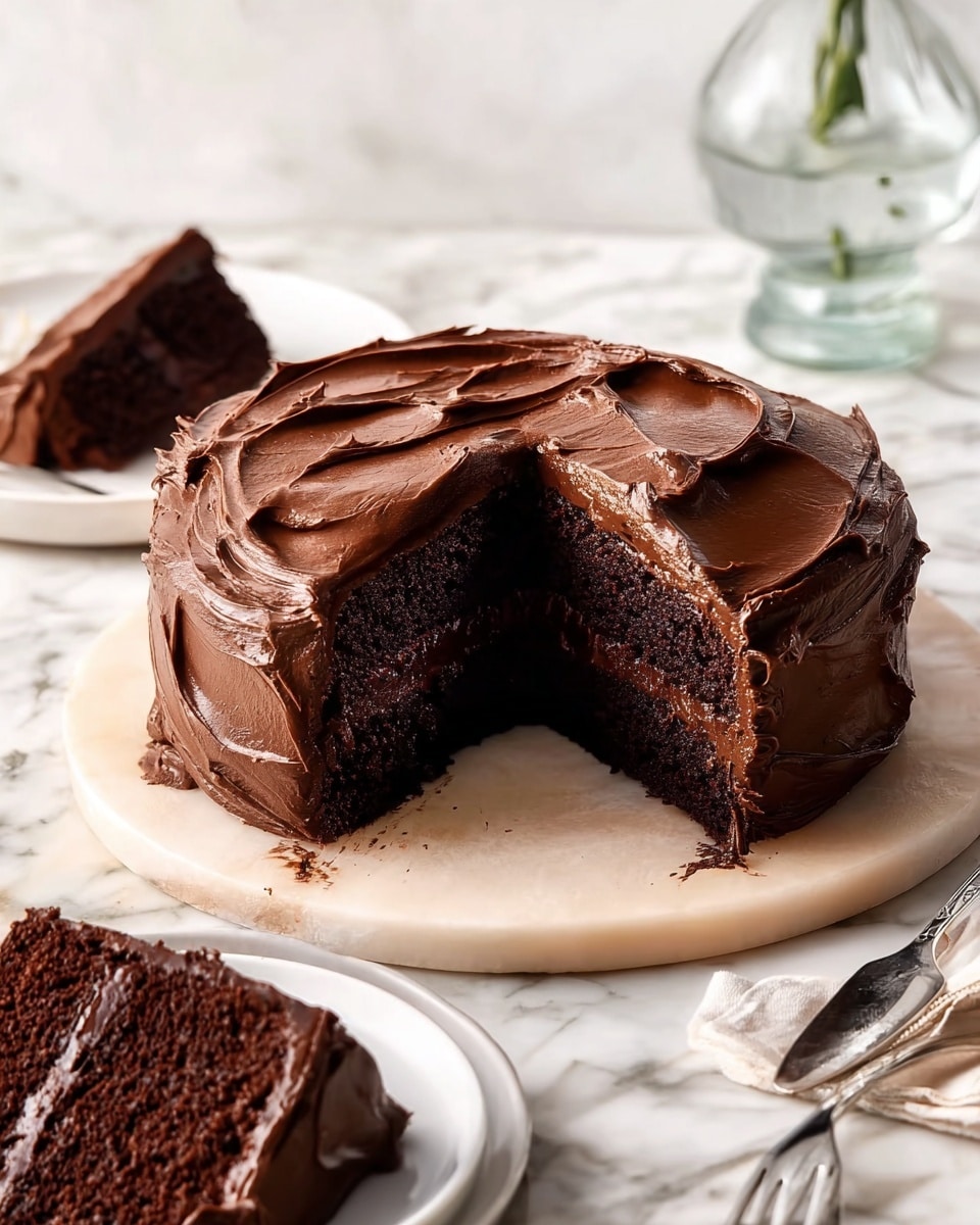 The image shows a two-layer chocolate cake with thick dark chocolate frosting, placed on a round white marble board. The top and sides of the cake are covered in smooth, swirled chocolate frosting with a glossy finish. A large slice is removed from the cake, revealing moist chocolate layers with a thin layer of chocolate filling in the middle. Two plates, each with a slice of the same chocolate cake, are placed around the cake. The background has a white marbled texture, and there is a clear glass vase behind the cake. Photo taken with an iphone --ar 4:5 --v 7