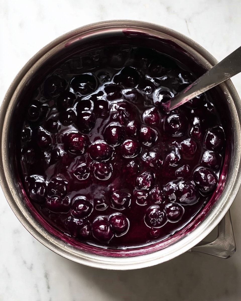 The image shows a close-up of a saucepan filled with a thick, glossy dark purple sauce with whole blueberries visible throughout. The sauce has a shiny, sticky texture and clings to the sides of the silver metal saucepan, which sits on a white marbled surface. The deep purple color of the sauce contrasts with the metallic shine of the saucepan. photo taken with an iphone --ar 4:5 --v 7