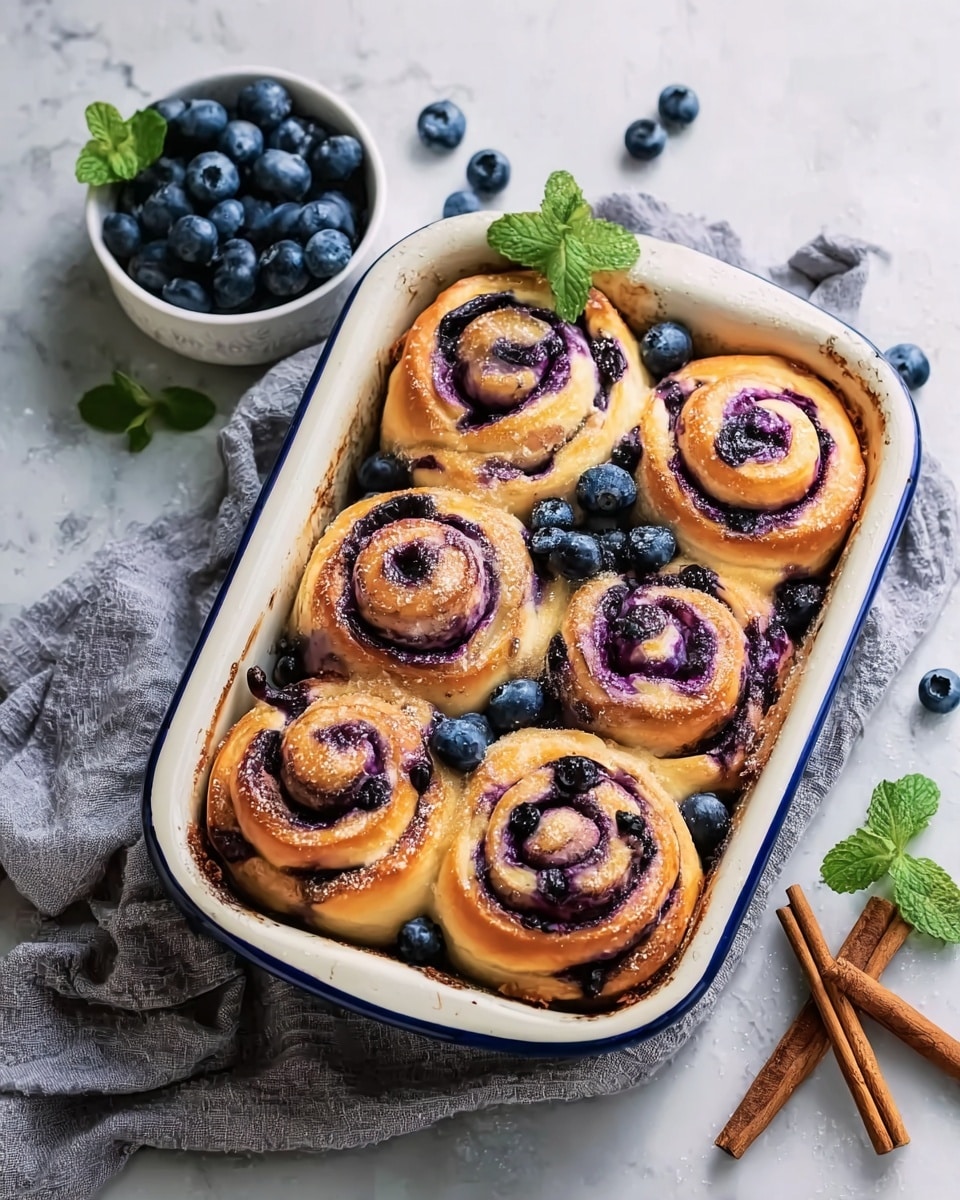 The image shows a baking tray filled with six golden-brown blueberry rolls arranged closely together in two rows of three. Each roll has visible swirls of deep purple blueberry filling that creates a nice contrast with the soft, light brown dough. Fresh blueberries are scattered both inside and around the rolls, adding pops of dark blue. The tray is white with blue edges, placed on a white marbled surface. A small white bowl filled with blueberries and a few green mint leaves sit next to the tray. There is also a piece of light gray fabric beneath the tray and two cinnamon sticks on the side. Photo taken with an iphone --ar 4:5 --v 7