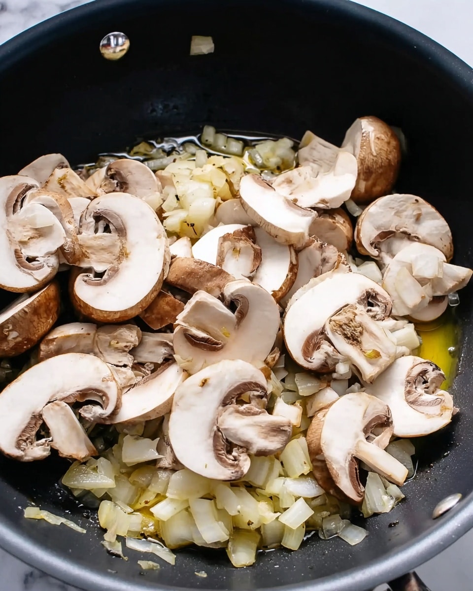 A close-up view of a black pan containing roughly chopped onions sautéed with some oil, visible as a glossy yellowish layer beneath a pile of sliced mushrooms. The mushrooms have a mix of white and light brown caps with gills showing in various angles, layered on top of the onions. The pan sides are dark with metal rivets showing, and the background is a white marbled texture. photo taken with an iphone --ar 4:5 --v 7