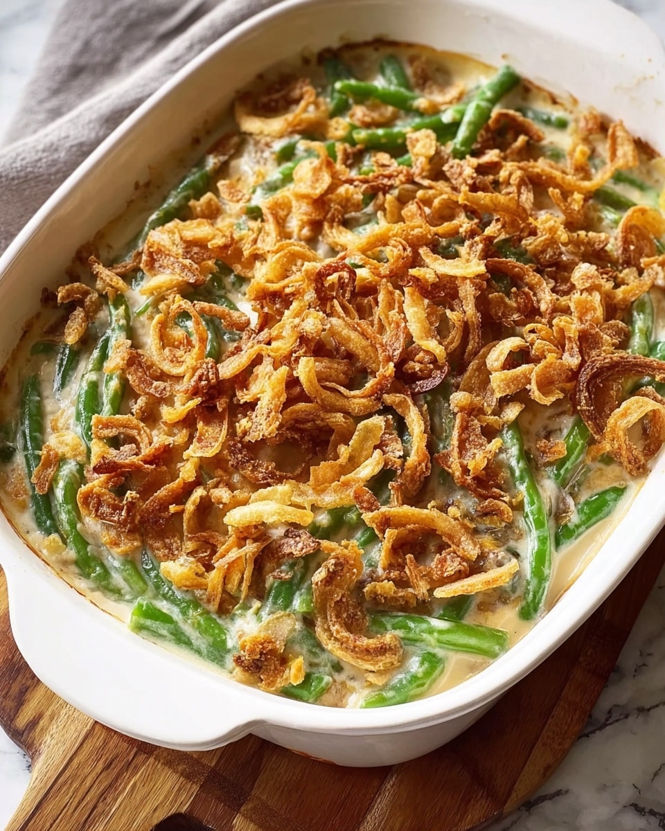The image shows a white baking dish filled with green bean casserole. The bottom layer is made of green beans, visible as long green strips. The middle layer is a creamy light beige sauce that covers the green beans. On top, there is a generous layer of golden brown crispy fried onions, looking crunchy and slightly uneven in texture. The dish is placed on a wooden board with a white marbled background around it. photo taken with an iphone --ar 4:5 --v 7