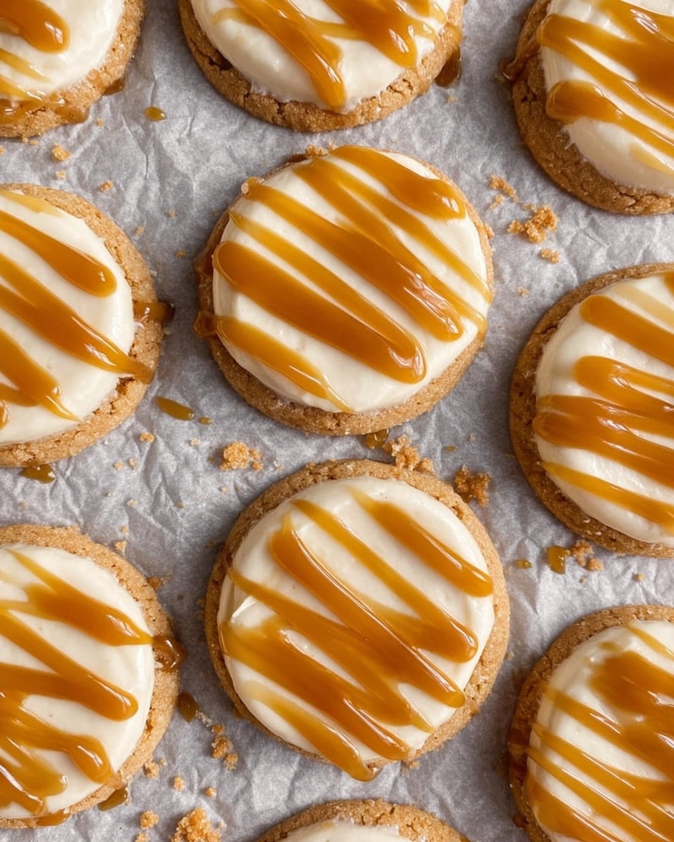 The image shows several round cookies with a crumbly, light brown base layer. On top of each cookie is a thick, creamy white layer with a smooth, slightly swirled texture. Over the creamy layer, there is a drizzle of shiny caramel-colored sauce forming horizontal lines. The cookies are arranged closely together on a crinkled paper that has a pale gray color and small crumbs scattered around some cookies. photo taken with an iphone --ar 4:5 --v 7