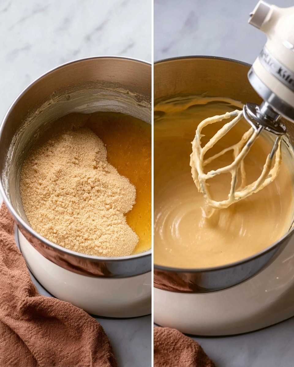 The image shows a close-up view of a silver mixing bowl attached to a white mixer with a white marbled surface underneath. On the left side, inside the bowl, there is a layer of light brown sugar piled on top of a pool of melted butter. On the right side, the same bowl now contains a smooth, creamy light golden mixture being stirred by the mixer's beater, which is covered in the thick paste. A folded brown cloth is placed next to the mixer. photo taken with an iphone --ar 4:5 --v 7