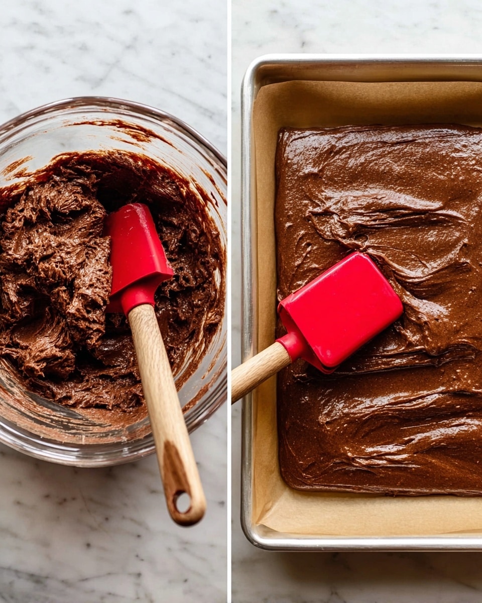 The image shows two side-by-side views of chocolate batter. On the left, a glass bowl holds thick, textured dark brown chocolate batter with a shiny surface, and a red spatula with a wooden handle is partially mixed into it. On the right, the same batter is spread evenly in a silver baking tray lined with light brown parchment paper, with the red spatula resting on top, showing the smooth but slightly textured surface of the batter. Both are placed on a white marbled surface. Photo taken with an iphone --ar 4:5 --v 7