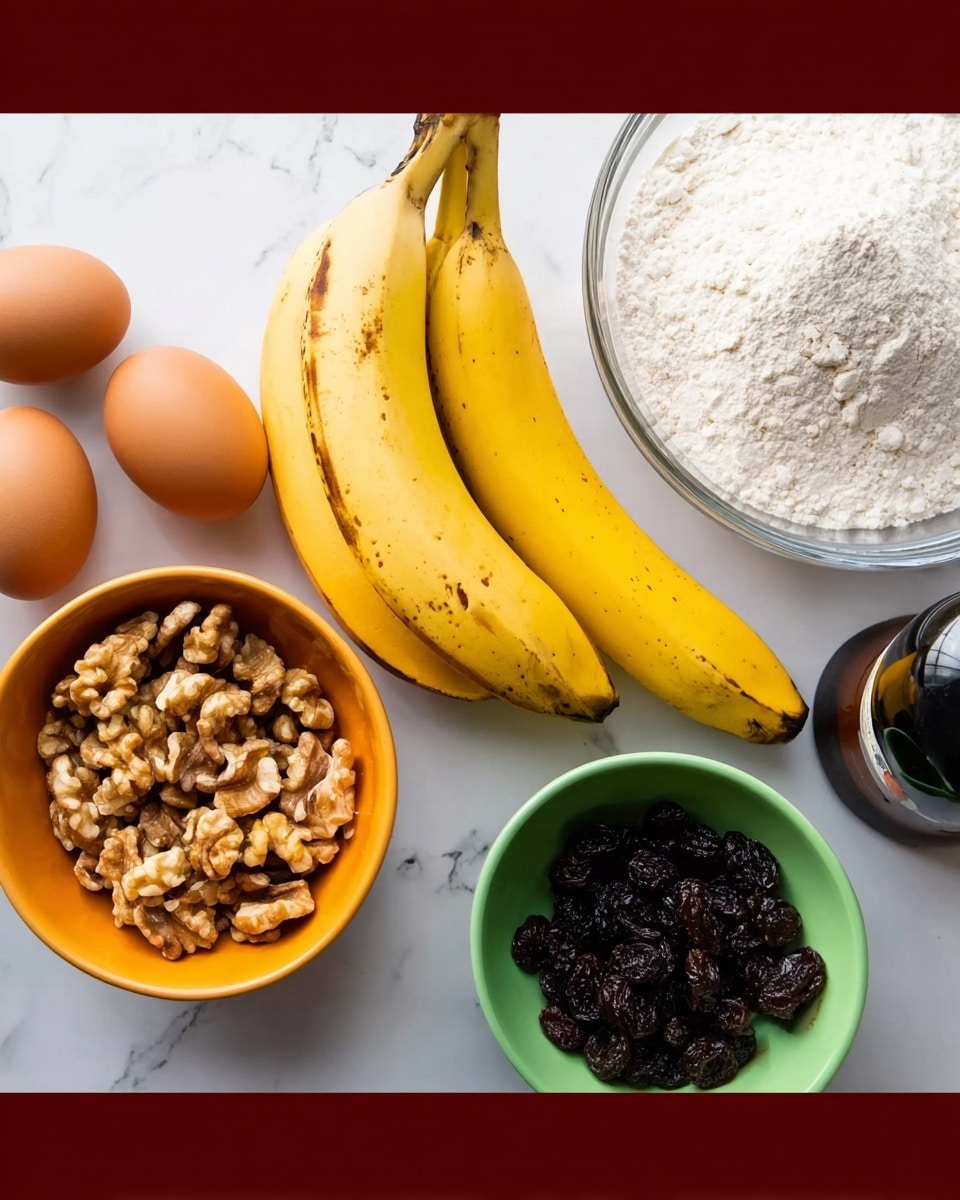 The image shows ingredients for baking arranged neatly on a white marbled surface. There are two yellow bananas with some brown spots placed next to two brown eggs. Above the bananas, there is a clear glass bowl filled with white flour. To the left of the flour, an orange bowl holds light brown walnut pieces, while a green bowl next to it contains dark raisins. In the lower right corner, a dark brown bottle of vanilla extract is partially visible. The colors are bright and the textures are clear, showing the smooth eggs, soft bananas, and crunchy nuts and raisins. photo taken with an iphone --ar 4:5 --v 7