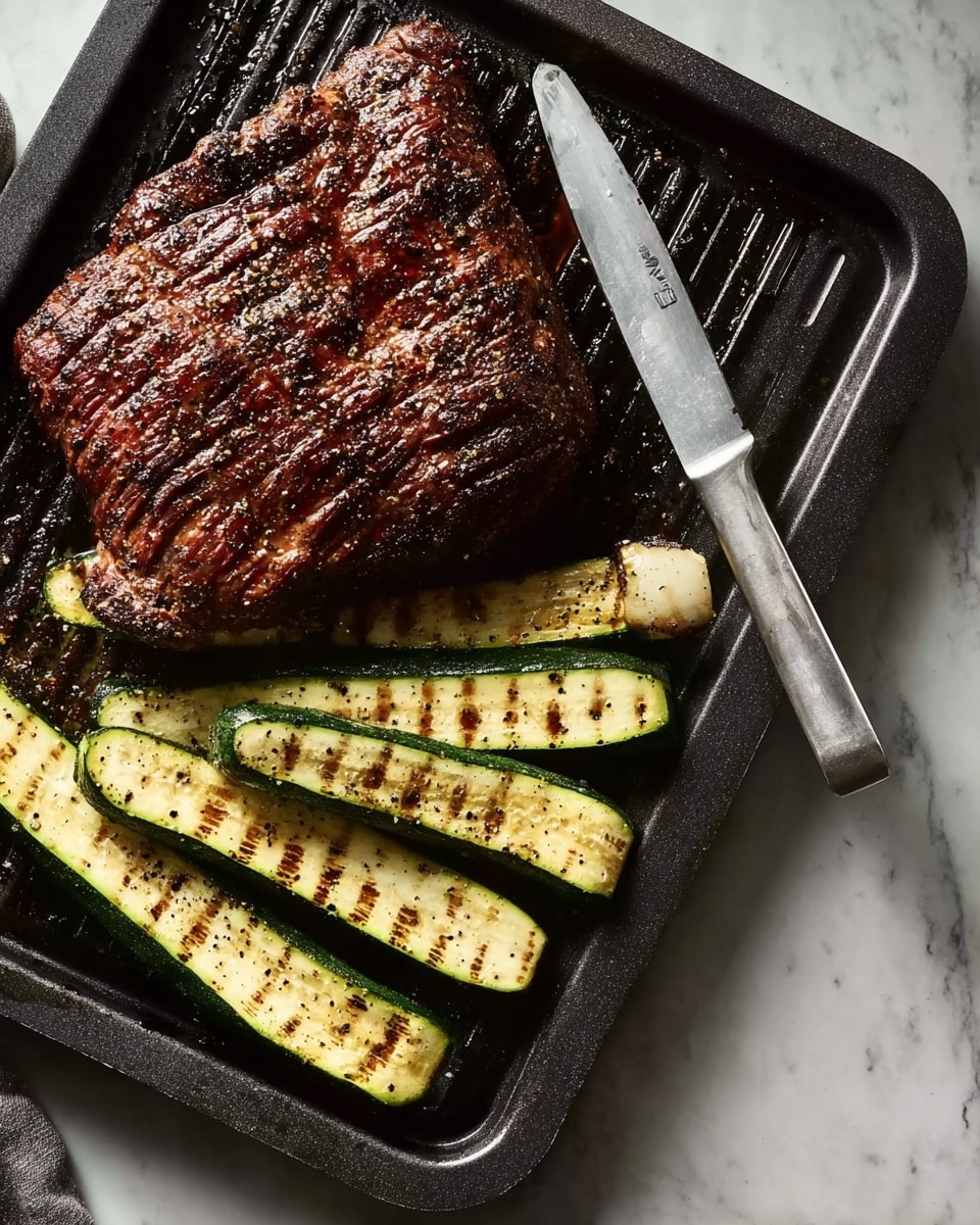 A dark, cooked piece of meat with a glistening, seasoned surface lies on the top left side of a black tray, showing a textured, crispy crust. Next to the meat, on the bottom right side, are several grilled zucchini slices, each with dark grill marks and a light green inside with a slightly charred outer skin. A shiny knife with a silver blade is placed diagonally above the zucchini on the tray. The tray itself is resting on a white marbled surface. Photo taken with an iphone --ar 4:5 --v 7