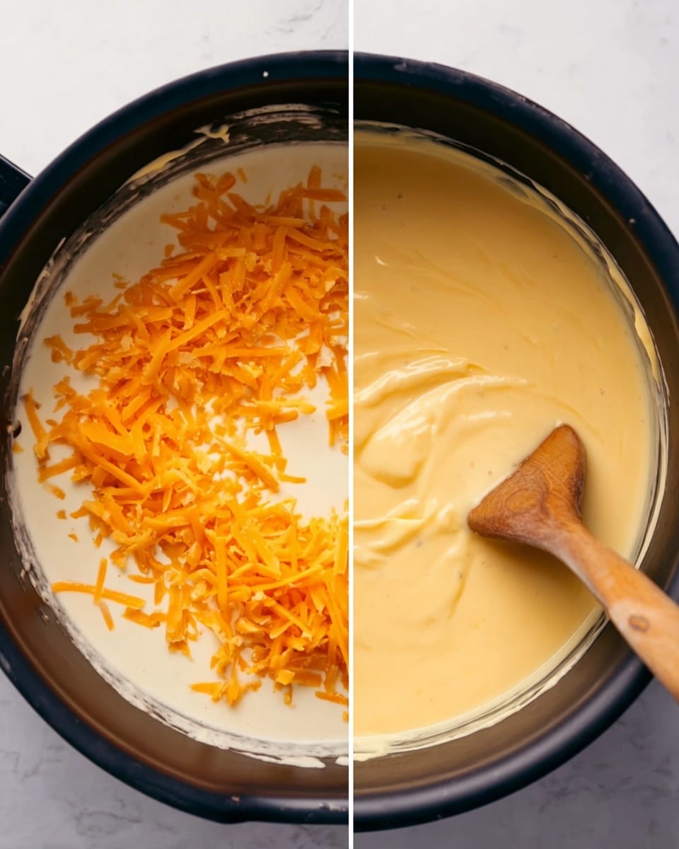 The image shows two stages of making cheese sauce in a black pot. In the left part, the sauce is creamy white and thick, topped with bright orange shredded cheese scattered across the surface, with a wooden spoon resting on the right side of the pot. In the right part, the cheese has melted into the sauce, now smooth and glossy, with a uniform pale yellow color, and the wooden spoon is stirring the sauce on the right side. The pot sits on a white marbled surface. Photo taken with an iphone --ar 4:5 --v 7