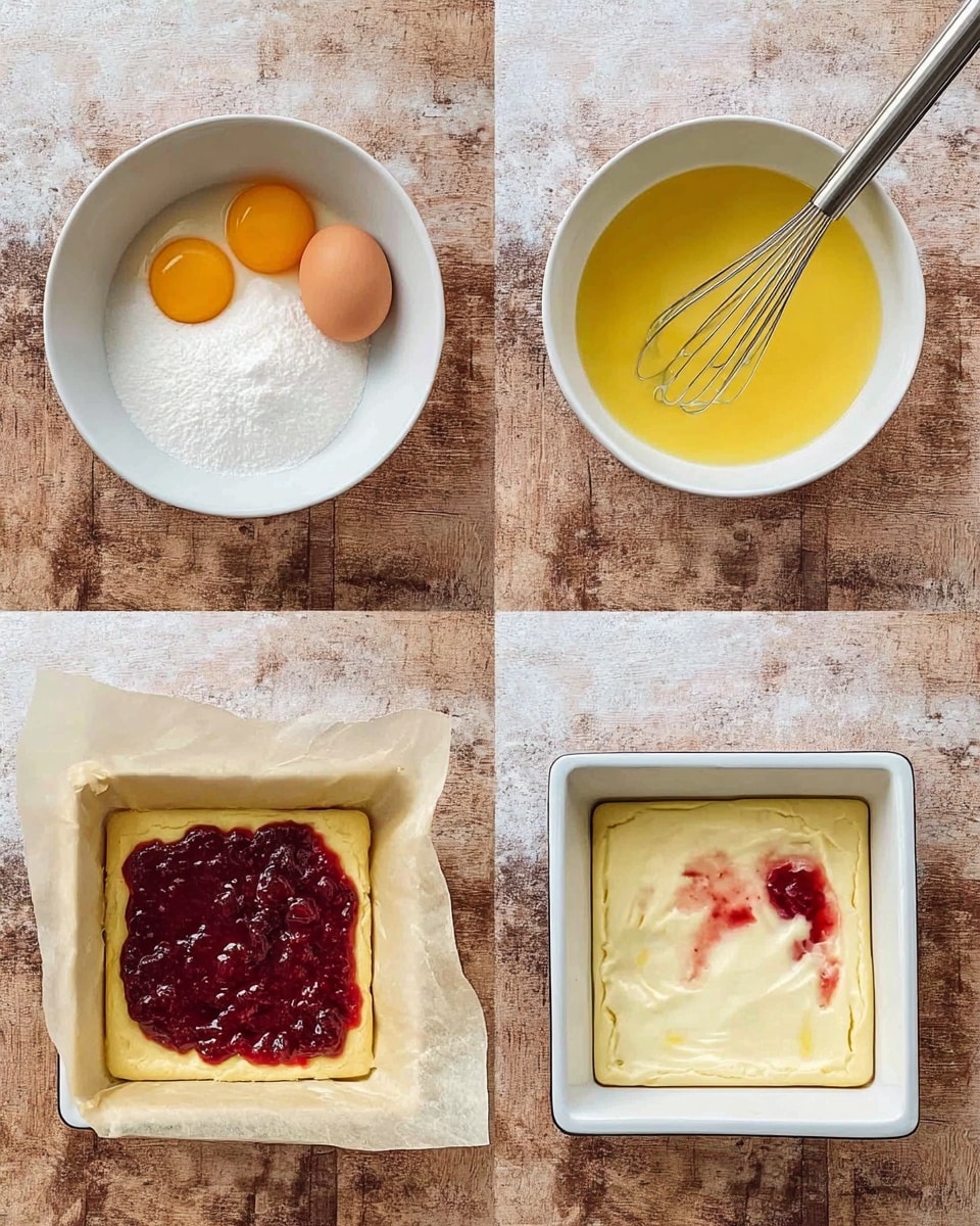 The image shows four steps of a baking process displayed in a 2x2 grid on a white marbled surface. The top left shows a white bowl with three eggs cracked over white sugar, with a whisk beside it. The top right shows the same bowl with the eggs and sugar mixed into a smooth, yellow liquid, the whisk still inside. The bottom left shows a square white baking pan lined with parchment paper, filled with a pale dough layer, topped with a deep red jam spread mostly in the center. The bottom right shows the same baking pan with a smooth, creamy white layer spread evenly over the red jam, with slight red and yellow streaks visible through it. Photo taken with an iphone --ar 4:5 --v 7