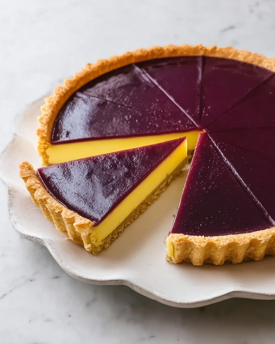 A tart is shown on a white wavy edged plate set on a white marbled surface. It has three visible layers: the bottom layer is a light golden crust with a crumbly texture, the middle layer is a smooth yellow filling, and the top layer is a thick, shiny deep purple topping evenly spread across the tart. One slice is slightly pulled out, showing the clean edges of each layer. The tart is round, and the crust has a slightly fluted edge. Photo taken with an iphone --ar 4:5 --v 7