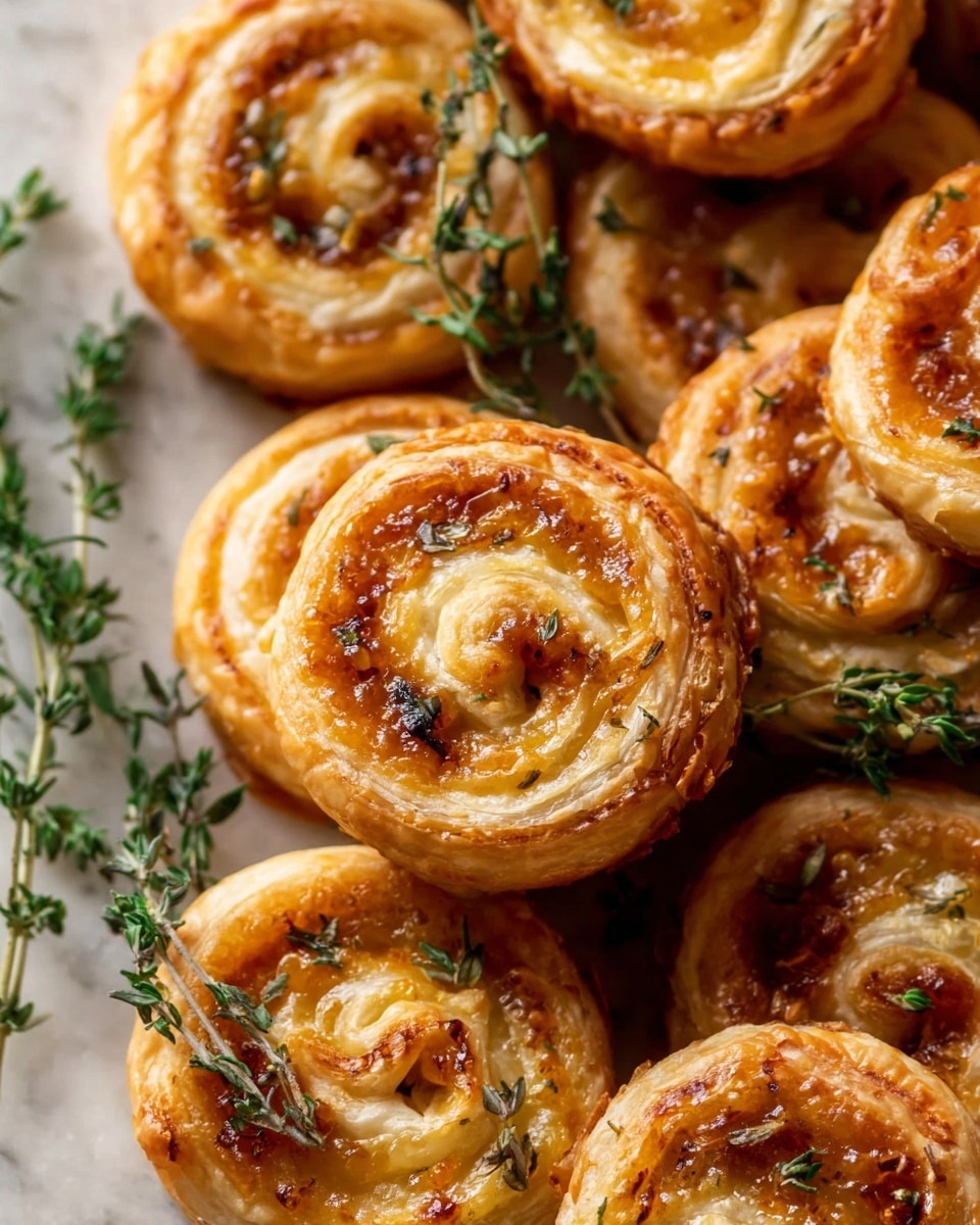 The image shows many small round puff pastry swirls stacked close together on a white marbled surface, each swirl having golden brown crispy outer layers with a few visible soft, lighter inner layers. The centers have a glossy, light amber filling with slightly darker spots, and the swirls are sprinkled with small green herb leaves. There are also sprigs of fresh green thyme placed around the pastries, adding a natural touch. photo taken with an iphone --ar 4:5 --v 7