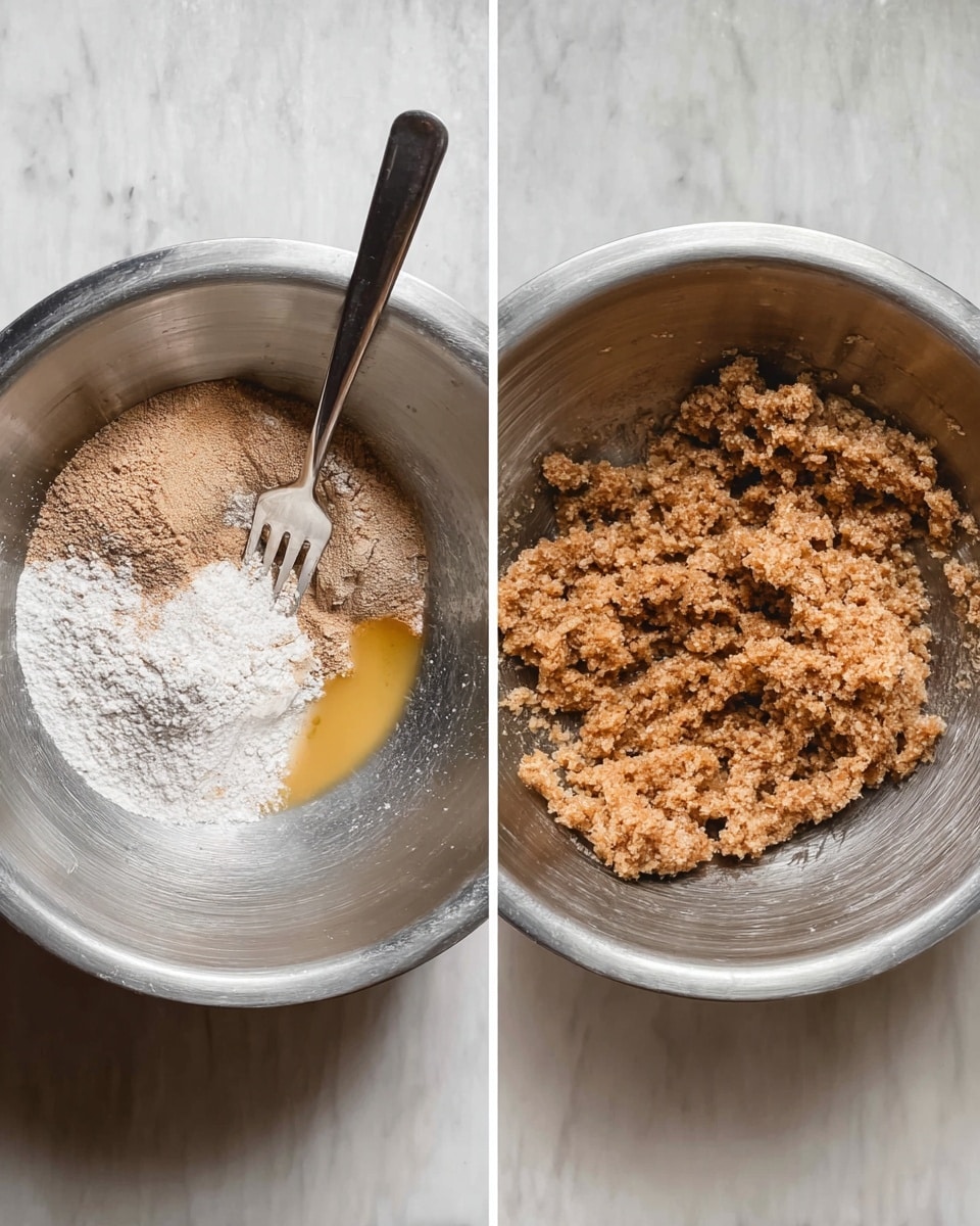 Two side-by-side photos show a silver mixing bowl on a white marbled texture. The left photo shows dry light brown powder and white powder mixed with a small amount of liquid that looks pale yellow and a small pool of brown liquid inside the bowl. A silver fork is placed inside the bowl. The right photo shows the same bowl with the ingredients mixed into a dense, crumbly, light brown mixture. The silver fork rests inside the bowl on the mixture. photo taken with an iphone --ar 4:5 --v 7