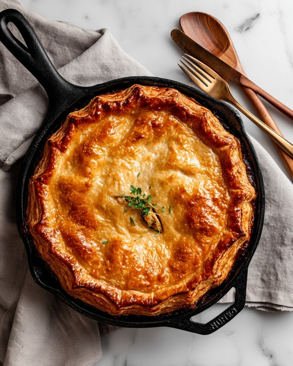 A round pie with a golden brown flaky crust sits in a black cast iron skillet. The crust has a slightly uneven surface with crispy textured edges and a small leaf-shaped vent in the center showing some of the pie filling inside. A small sprig of green herbs lies on top as decoration. The skillet rests on a light gray cloth placed on a white marbled surface. Next to it lies a wooden fork and a wooden spatula. photo taken with an iphone --ar 4:5 --v 7