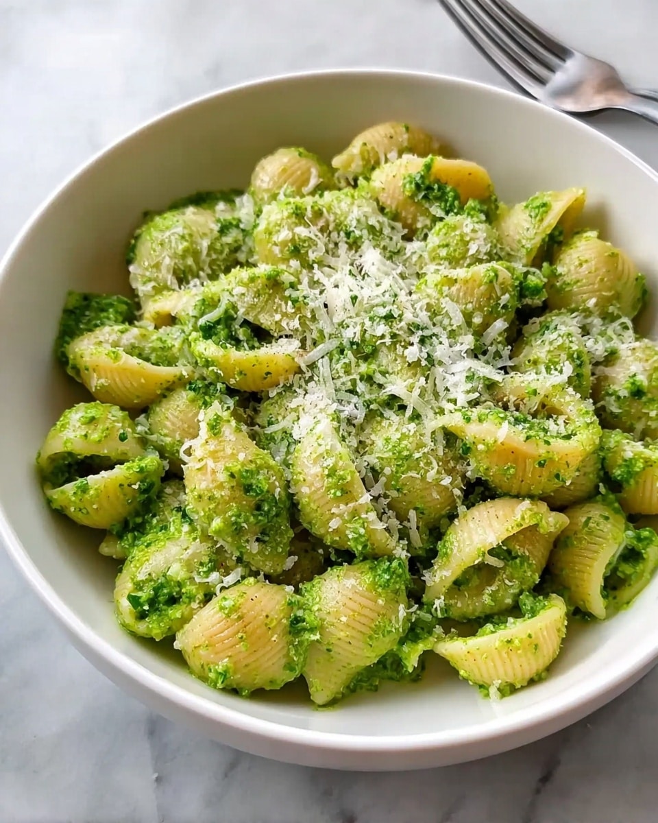 A close-up of a pan filled with small shell pasta mixed with bright green broccoli florets, all coated in a smooth green sauce. The pasta shells and broccoli pieces are evenly spread inside the pan, with a light sprinkling of fine white grated cheese on top. A wooden spoon is resting inside the pan, stirring the dish. The background is a white marbled surface with a small white bowl of fresh green chopped herbs blurred in the distance. photo taken with an iphone --ar 4:5 --v 7