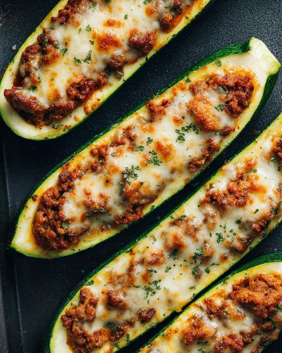 The image shows four zucchini halves arranged on a dark baking tray, each filled with three visible layers: a base layer of green zucchini shell, a middle layer of cooked brown meat filling, and a top layer of melted light yellow cheese with some green herb sprinkles scattered on top. The zucchini shells have some yellow color near the edges, and the cheese is slightly browned, creating a textured and appetizing look. The close-up angle emphasizes the juicy and rich filling inside each zucchini half, with a white marbled background visible at the corner. photo taken with an iphone --ar 4:5 --v 7