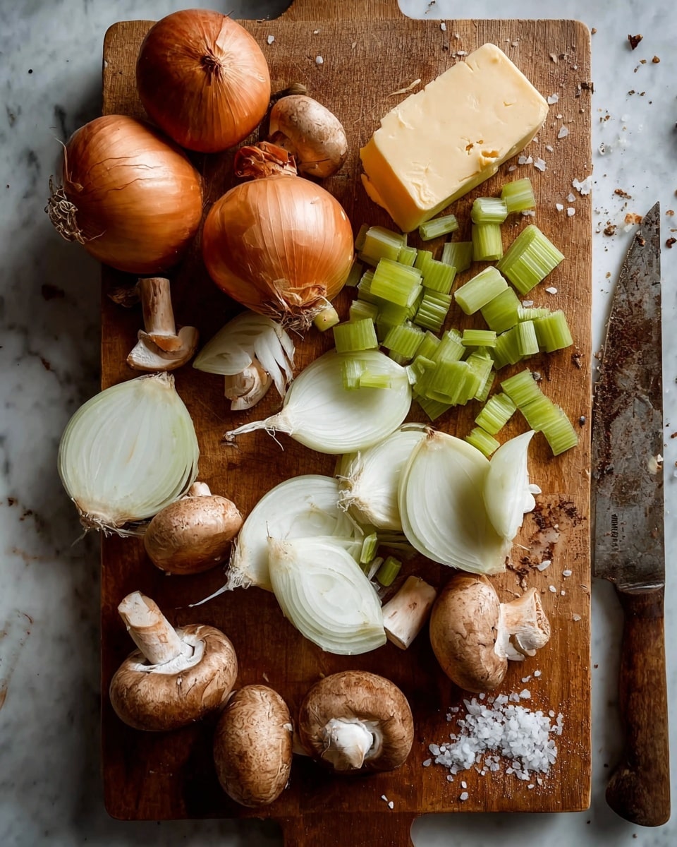 A wooden cutting board filled with unpeeled and sliced onions showing white layers with papery outer skins, several brown mushrooms whole and halved revealing white inside and gills, small pieces of bright green celery scattered around, a chunk of pale yellow butter with small holes on the surface, and a rusty peeling knife laying to the right side; coarse salt grains are sprinkled on the board, all placed on a white marbled surface. photo taken with an iphone --ar 4:5 --v 7