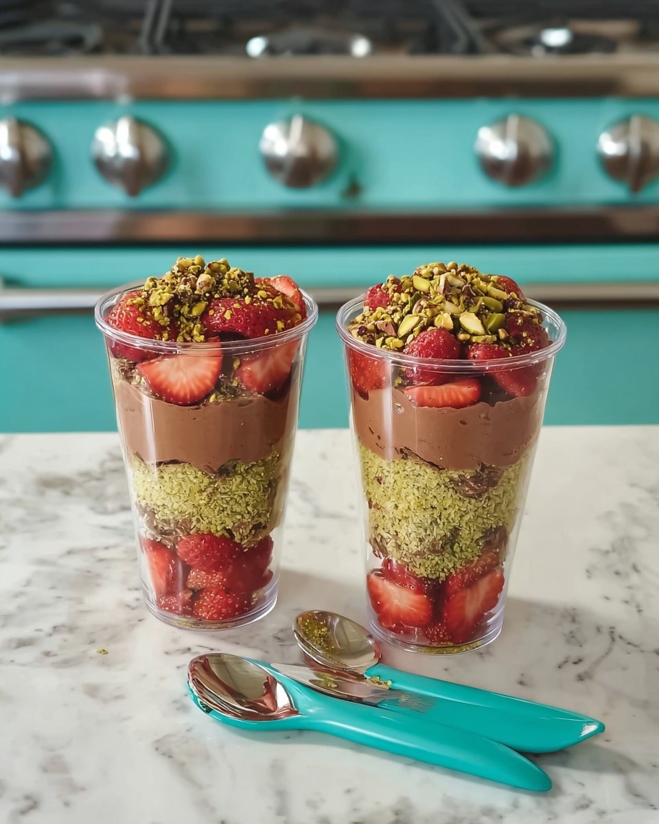 A clear plastic cup held by a woman's hand contains a layered dessert. The bottom layer is bright red strawberry slices, followed by a light green shredded layer. Above that is a thick brown creamy layer, then more light green shredded topping. The top has fresh red strawberry slices and small pieces of green nuts scattered over the brown creamy layer. The background shows a turquoise kitchen with some utensils blurred, and the surface is a white marbled texture. Photo taken with an iphone --ar 4:5 --v 7