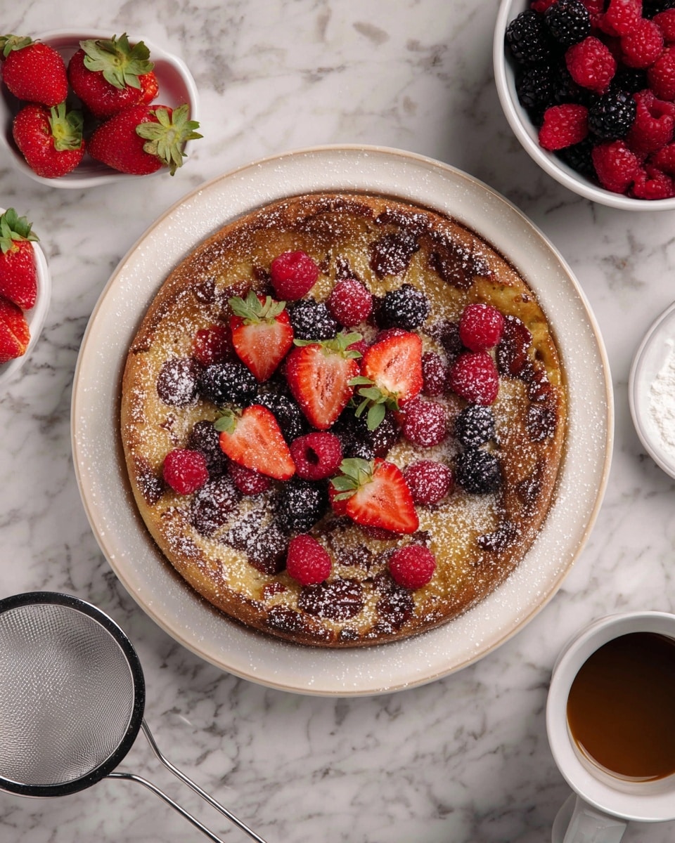 A round bread pudding with a golden-brown, crispy top layer is placed in a deep white plate. On top, scattered fresh berries including halved red strawberries, whole red raspberries, and black blackberries add bright red and dark purple colors, with a light dusting of white powdered sugar over everything. To the left, a small white dish holds halved strawberries, and a silver mesh sifter with powdered sugar sits nearby. On the right side, there is a white cup with a dark brown liquid and a white bowl filled with more fresh raspberries and blackberries. The setting is on a white marbled surface. Photo taken with an iphone --ar 4:5 --v 7