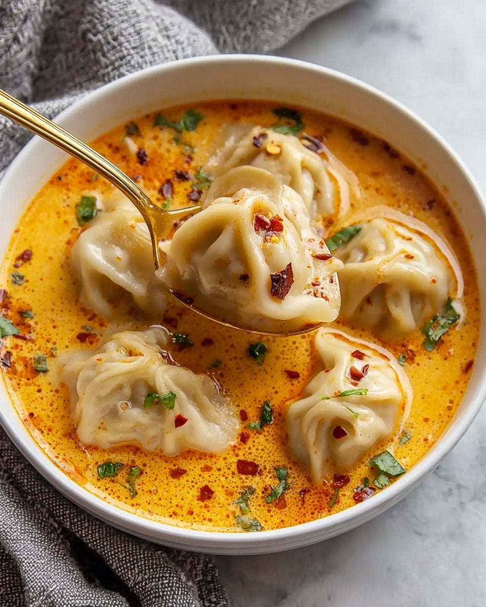 The image shows a white bowl filled with a bright orange creamy soup topped with five large dumplings. Each dumpling has a soft, light beige color with a slightly wrinkled texture. The soup has red chili flakes and small green herb pieces scattered on top. A golden spoon holds one dumpling above the bowl, showing its smooth surface and the soup coating it. The background features a white marbled texture with a gray cloth partially visible. Photo taken with an iphone --ar 4:5 --v 7