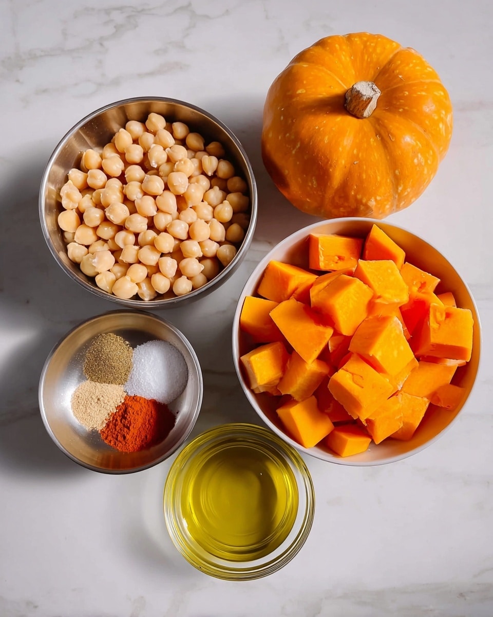 The image shows four bowls on a white marbled surface. The largest bowl on the right holds bright orange, rough-textured cubes of pumpkin. Next to it on the left is a slightly smaller bowl filled with smooth, light beige chickpeas. Below these, on the left, is a small metal bowl with four distinct piles of spices: white salt, light brown garlic powder, a darker brown spice, and bright red paprika. To its right is a small clear glass bowl filled with shiny, golden olive oil. Behind the bowls, there is an orange pumpkin with a short, brown stem. The bowls and pumpkin are arranged close together, with clear lighting that makes the colors bright and textures visible. photo taken with an iphone --ar 4:5 --v 7