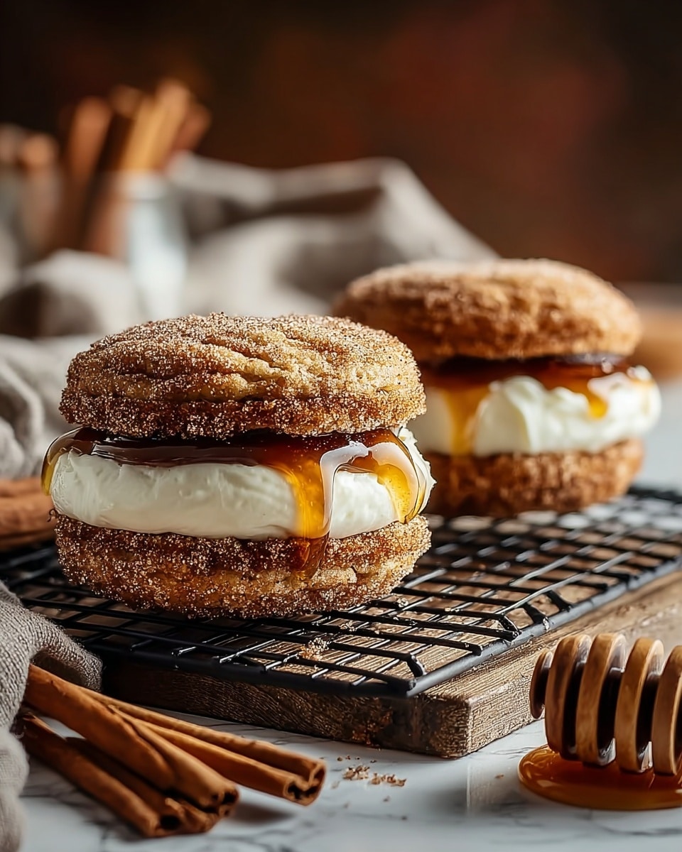 Two cinnamon sugar-coated sandwich cookies sit on a black wire rack over a wooden board. Each cookie has three layers: the bottom and top cookie layers are golden brown with a rough texture coated in sugar and cinnamon. Between them is a thick swirl of smooth, white cream filling, topped with a layer of dripping honey that catches the light. The background is a soft white marbled texture, with some cinnamon sticks and a honey dipper placed nearby, adding warmth to the scene. Photo taken with an iphone --ar 4:5 --v 7
