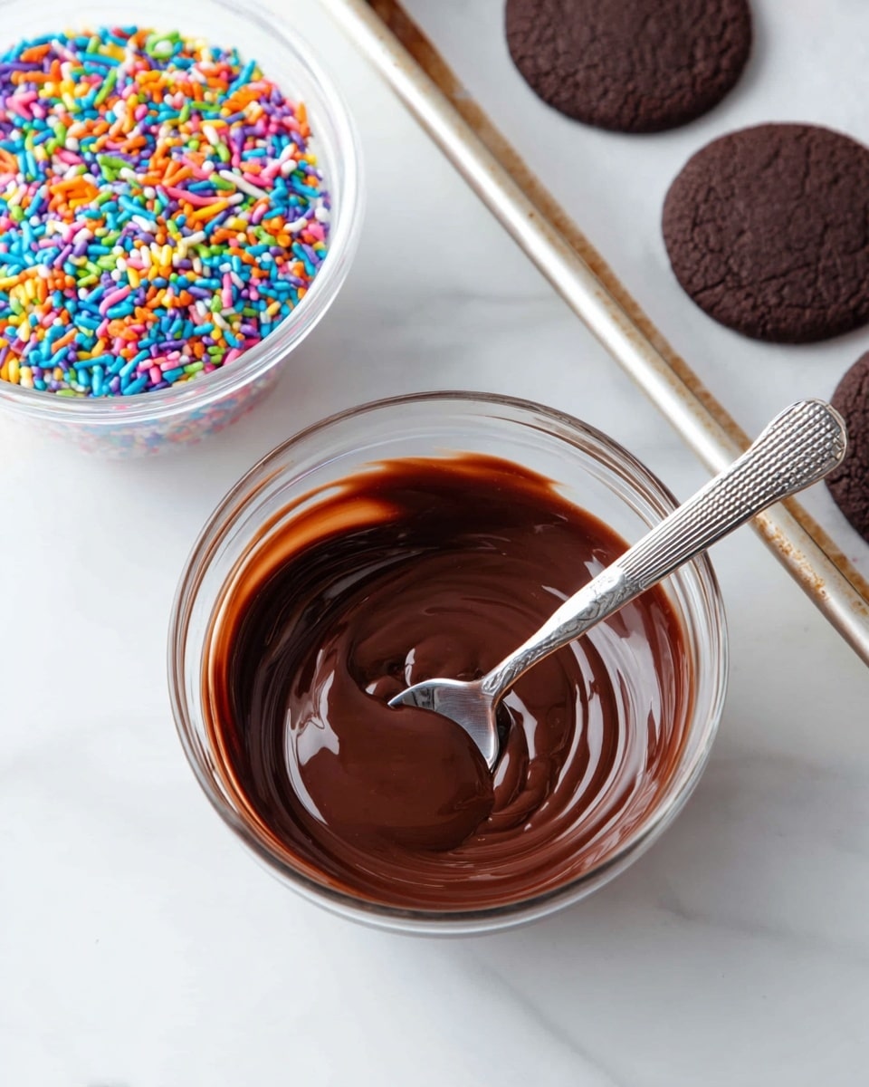 A clear glass bowl filled with smooth, dark brown melted chocolate sits on a white marbled surface. A shiny silver spoon with a textured handle is partially dipped into the chocolate, showing gentle swirls. To the left, there is a clear plastic container filled with small, round, colorful sprinkles in bright blue, orange, green, yellow, pink, and purple. In the background on a baking tray lined with white parchment paper, three round, dark brown cookies are placed evenly spaced. The photo has soft, natural light highlighting the glossy texture of the chocolate --ar 4:5 --v 7