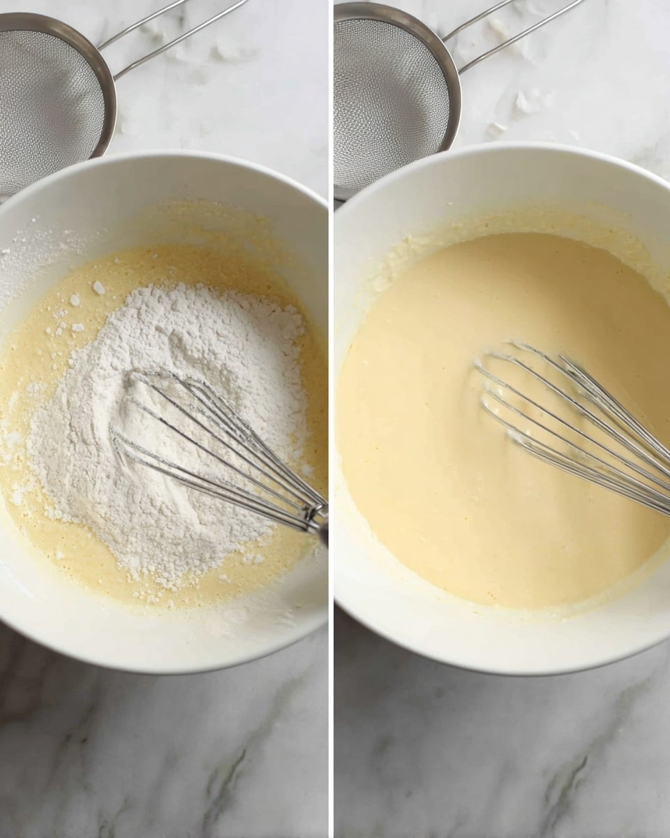 Two side-by-side images show the process of mixing batter in a white bowl on a white marbled surface. The left image shows a layer of white flour being sifted into a pale yellow batter with a metal whisk partially submerged. Some flour has spilled on the surface below. The right image shows the same white bowl with the batter fully mixed into a smooth, creamy pale yellow liquid with the metal whisk resting inside. Kitchen tools, including a fine metal sieve, are visible next to the bowl. Photo taken with an iphone --ar 4:5 --v 7