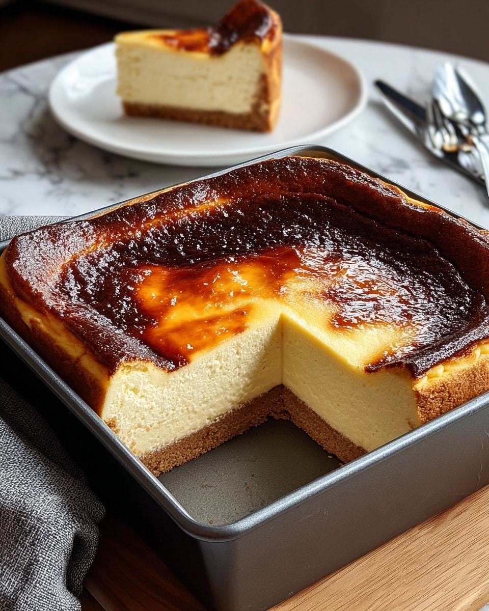 A square cheesecake with three layers sits in a dark gray pan on a wooden table. The bottom layer is a thin, crumbly brown crust. The middle layer is thick, creamy, and pale yellow, making up most of the cake. The top layer is a shiny, dark golden brown with some darker spots and slight wrinkles near the edges. A large piece is missing from the cheesecake, showing the layers clearly. In the background, there is a white plate with one slice of cheesecake. A gray cloth and silver forks are also on the table. The surface beneath everything has a white marbled texture. Photo taken with an iphone --ar 4:5 --v 7
