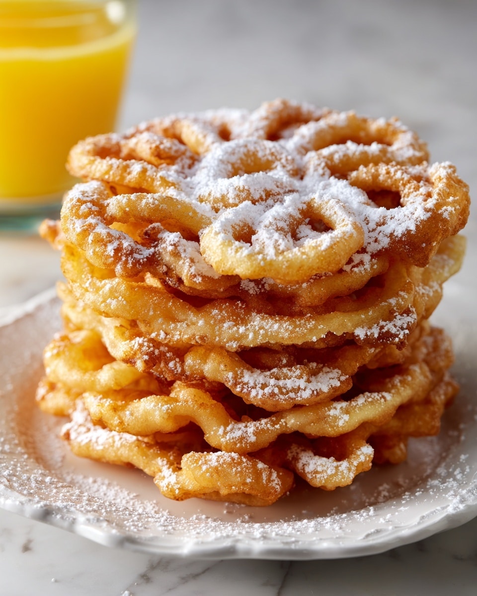 The image shows two round funnel cakes stacked on top of each other on a white plate. Each cake has a golden-brown color and a thick, twisted, and looped texture forming a web-like pattern. Both cakes are generously dusted with a white powdered sugar that lightly covers the top and some of the plate around them. The white marbled surface is blurred in the background. Photo taken with an iphone --ar 4:5 --v 7