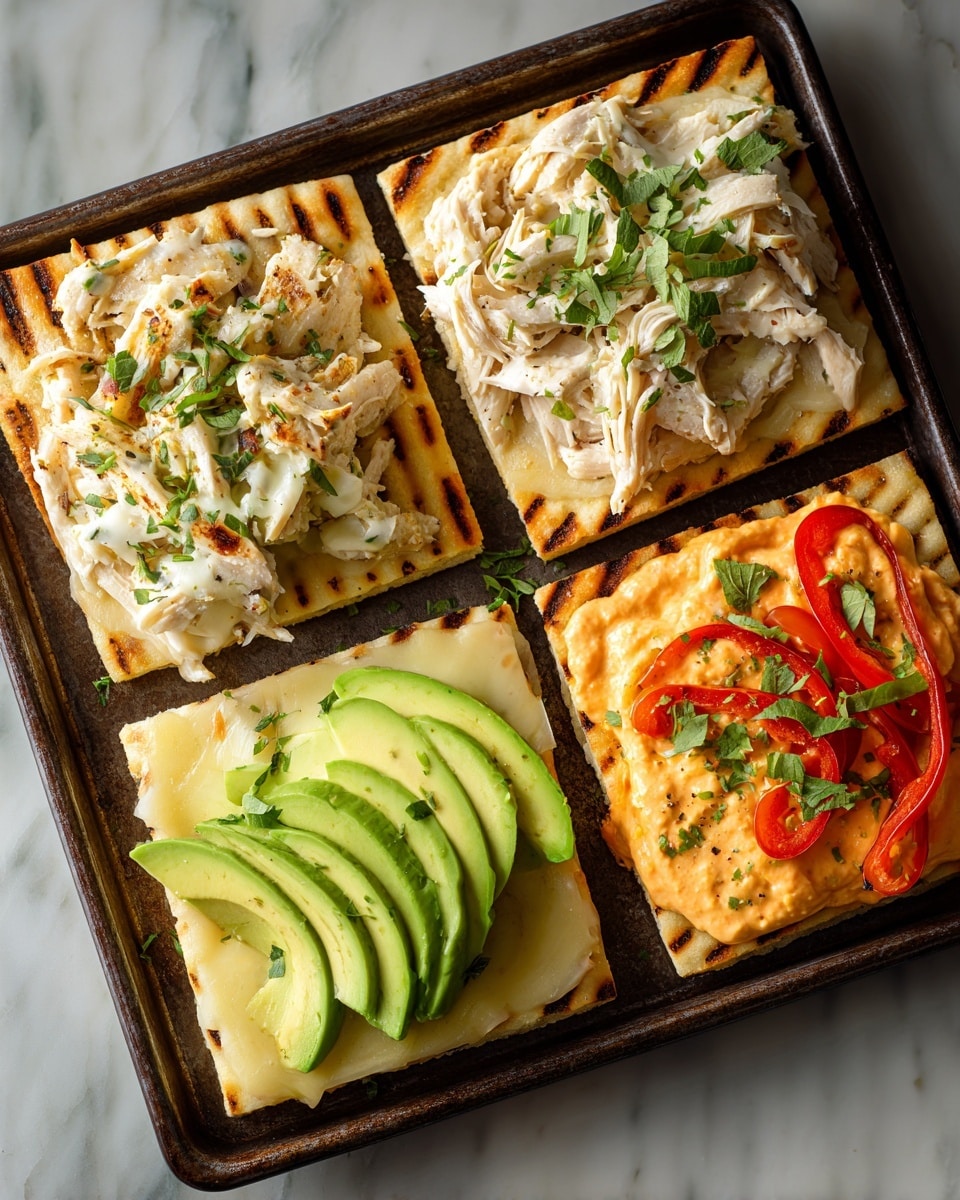 Four small sandwich pieces are placed on a dark baking tray set on a white marbled surface. Each piece has a bottom layer of pale yellow cheese sitting on a square piece of lightly grilled flatbread with subtle grill marks. Two sandwiches have shredded white chicken layered on top of the cheese along with slices of light green avocado and bright red roasted peppers. The other two sandwich pieces have a creamy orange sauce spread over the flatbread. Fresh green chopped herbs are sprinkled over all sandwiches and scattered on the tray. Photo taken with an iphone --ar 4:5 --v 7
