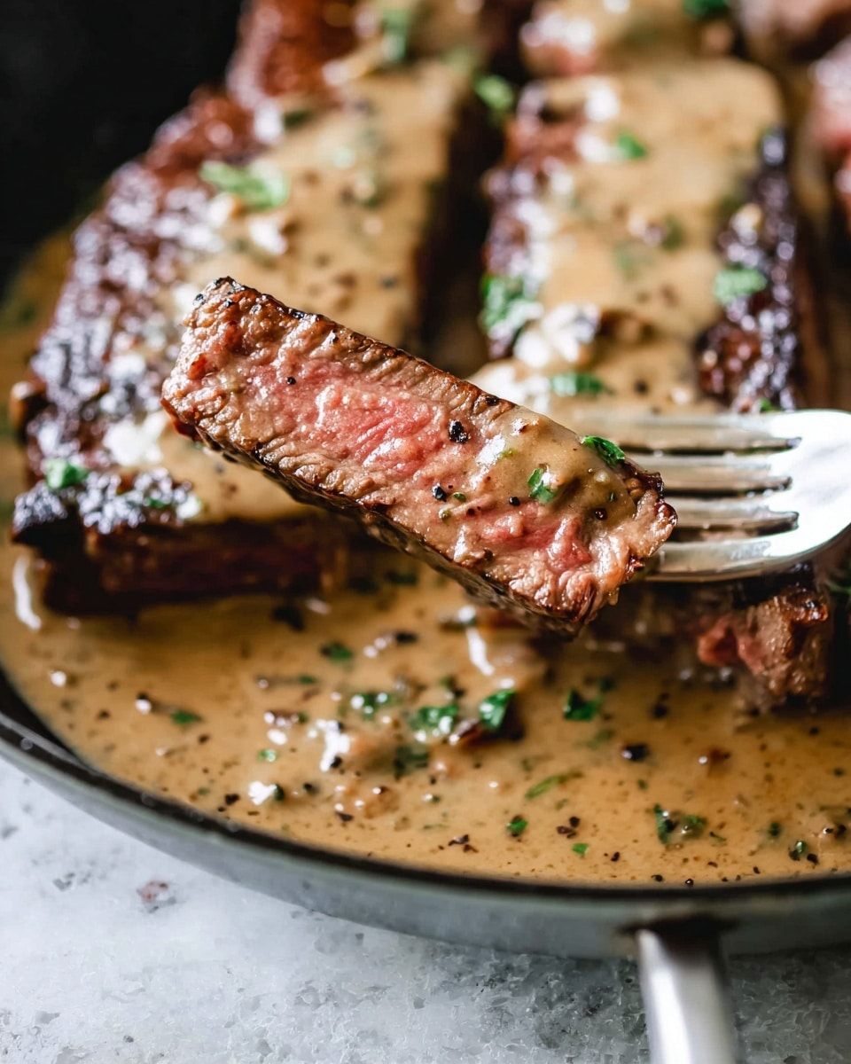 A close-up shows a fork holding a thick slice of steak cooked to medium with a pink center and browned edges. The steak slice is covered in a light brown creamy sauce with visible herbs and black pepper. Below, the pan contains more steak pieces lying flat, also covered in the same sauce with some green herbs sprinkled around. The background surface is a white marbled texture. photo taken with an iphone --ar 4:5 --v 7