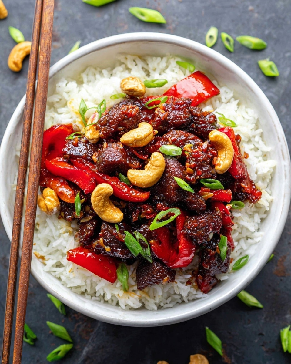 A white bowl filled with a base layer of fluffy white rice, topped with a thick layer of dark brown glazed meat pieces mixed with bright red bell pepper slices and golden cashew nuts. Scattered green onion slices add a fresh touch on top. Light wooden chopsticks rest across the rim of the bowl. The bowl sits on a dark surface with scattered small pieces of green onions around it. Photo taken with an iphone --ar 4:5 --v 7