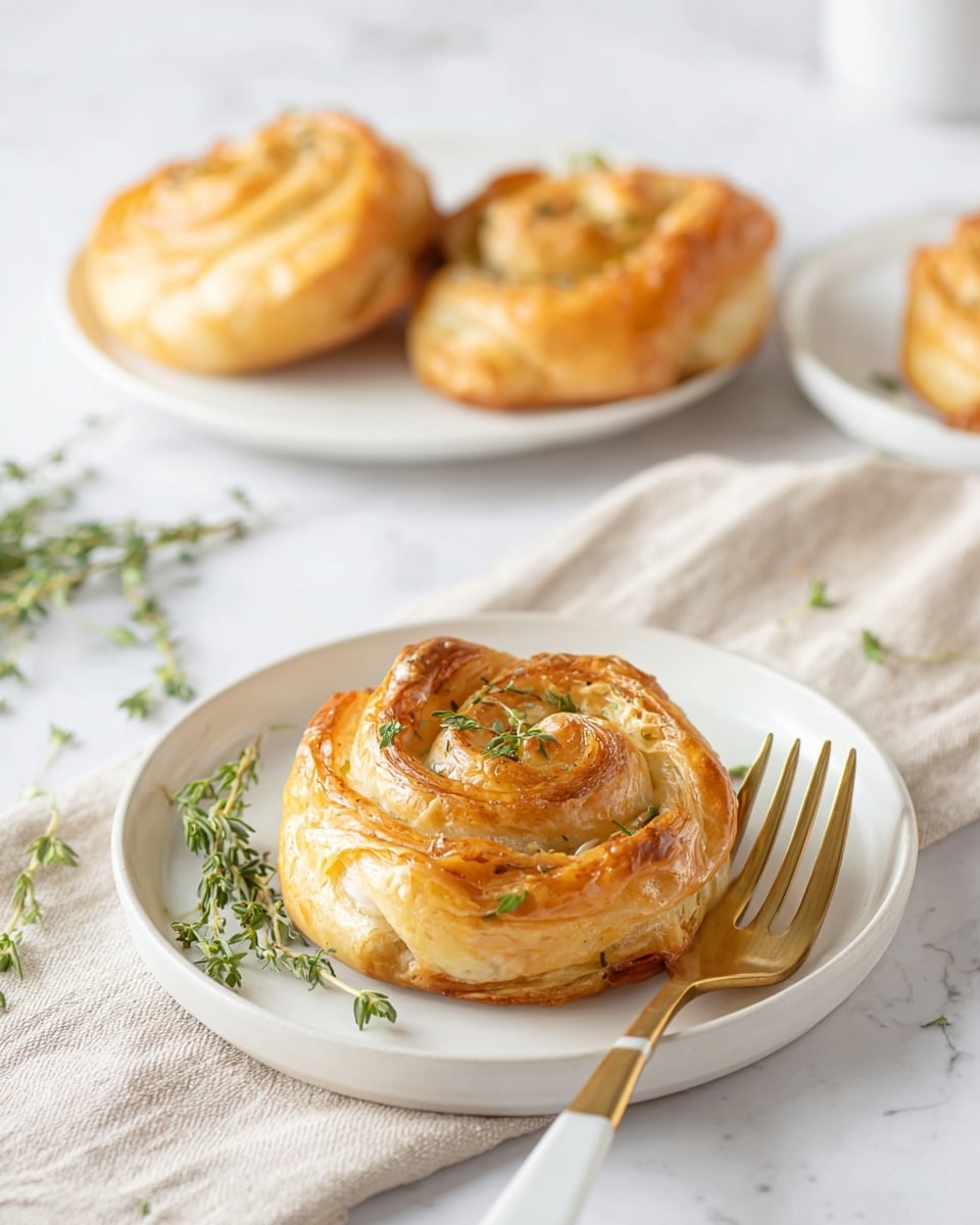 A golden brown, spiral-shaped pastry sits on a white plate, with layers of flaky, crisp dough forming the coil in a soft, twisted texture. Light green sprigs of fresh thyme are scattered on top and beside the pastry, adding a touch of color and freshness. A gold and white fork rests beside the pastry on the plate. In the background, a white plate holds three more similar pastries, softly blurred, on a white marbled surface with a beige cloth partially visible to the side. Photo taken with an iphone --ar 4:5 --v 7