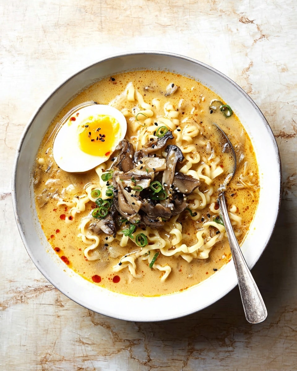 A white bowl filled with creamy, light orange broth holding thick, wavy noodles as the base layer. On top of the noodles, there is a cluster of mixed mushrooms in different brown shades and textures placed in the center. To the left, half of a soft-boiled egg with a bright yellow yolk and white edges rests on the soup’s surface. Small green chives and black sesame seeds are sprinkled over the mushrooms and egg, with tiny drops of red chili oil spread throughout the broth. A silver spoon sits inside the bowl on the right side. The bowl is placed on a white marbled surface. Photo taken with an iphone --ar 4:5 --v 7
