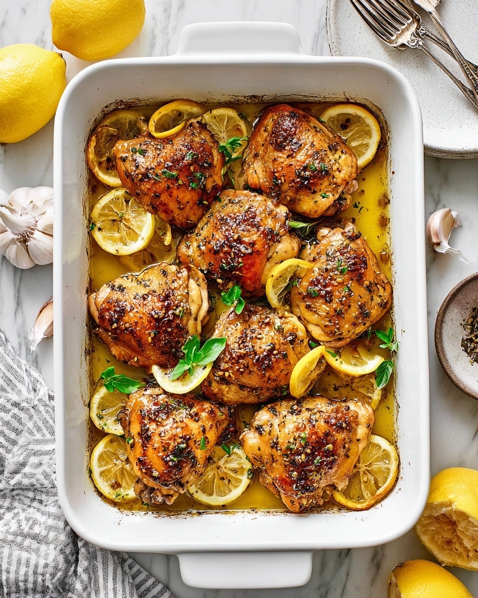A white rectangular baking dish filled with eight golden brown roasted chicken thighs arranged in two rows, each piece showing crispy, herb-speckled skin with a shiny glaze; scattered between the chicken are thin, bright yellow lemon slices and small fresh green herb leaves; the chicken rests in a shallow pool of light yellow lemon sauce with visible herbs, and the edges of the dish show some browned spots from roasting; the dish sits on a white marbled surface, with a striped cloth to one side, a bowl of garlic cloves, a white plate with silverware, and a few whole lemons and lemon slices nearby photo taken with an iphone --ar 4:5 --v 7