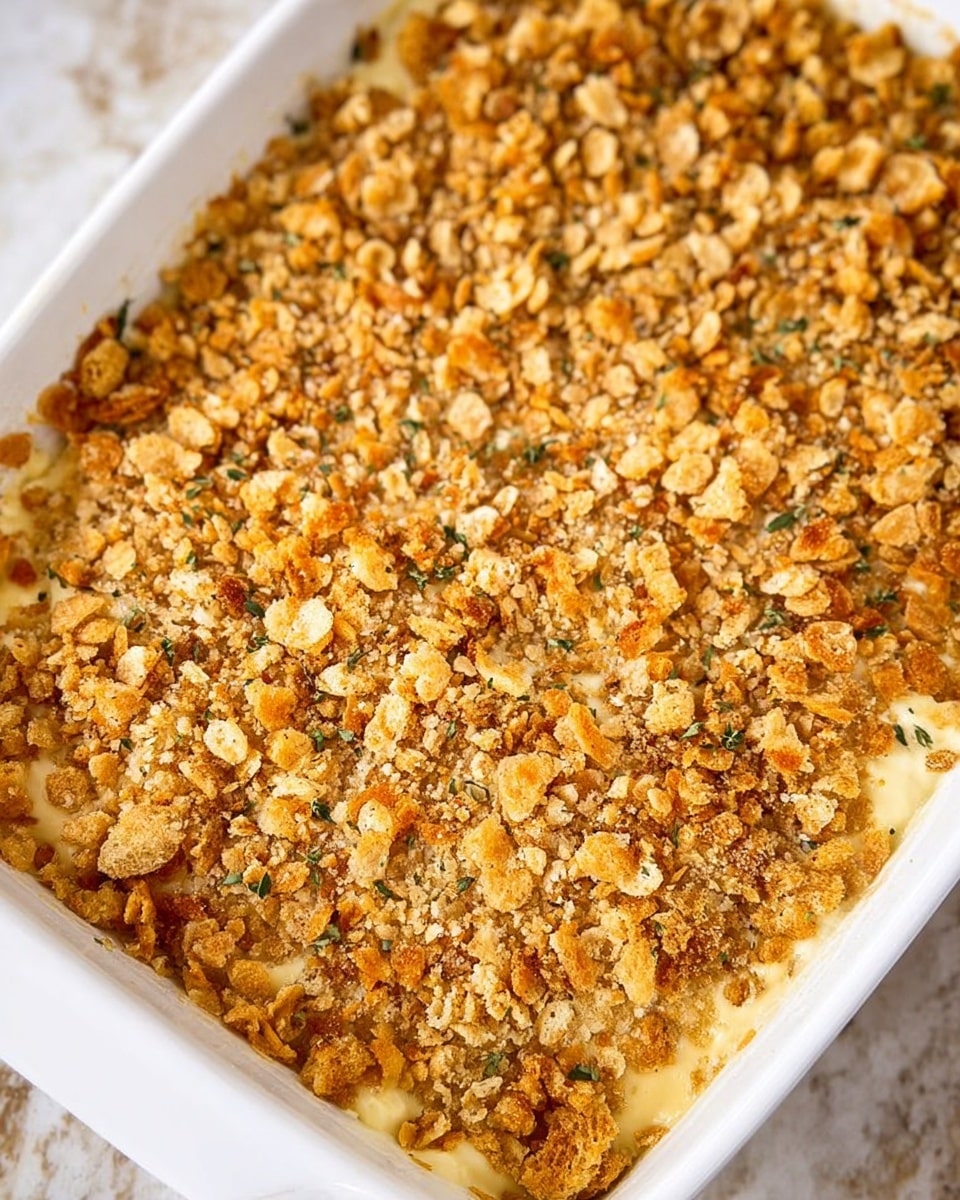The image shows a close-up of a white baking dish filled with a creamy casserole topped with crunchy, golden brown crumb pieces sprinkled with green herbs. A wooden spoon is scooping out a portion, revealing a soft, creamy layer mixed with small chunks beneath the crispy topping. The casserole has two main layers: a thick, crunchy golden top layer and a creamy white layer underneath, both filling the white dish. The background is a white marbled texture. Photo taken with an iphone --ar 4:5 --v 7