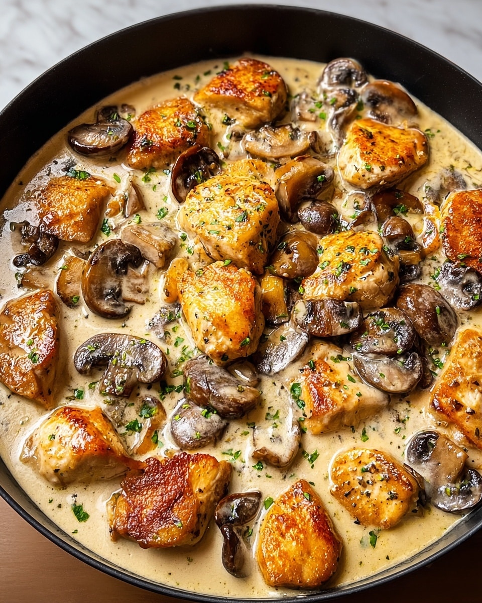 The dish is shown in a black pan filled with creamy light beige sauce as the base layer. Scattered on top are medium-sized chicken pieces browned on the outside with a golden crust, each coated in sauce. Mixed with the chicken are sliced mushrooms, cooked to a soft texture with a slightly dark brown color. The dish is sprinkled with small chopped green herbs, adding a fresh touch. The black pan is set on a white marbled surface. photo taken with an iphone --ar 4:5 --v 7